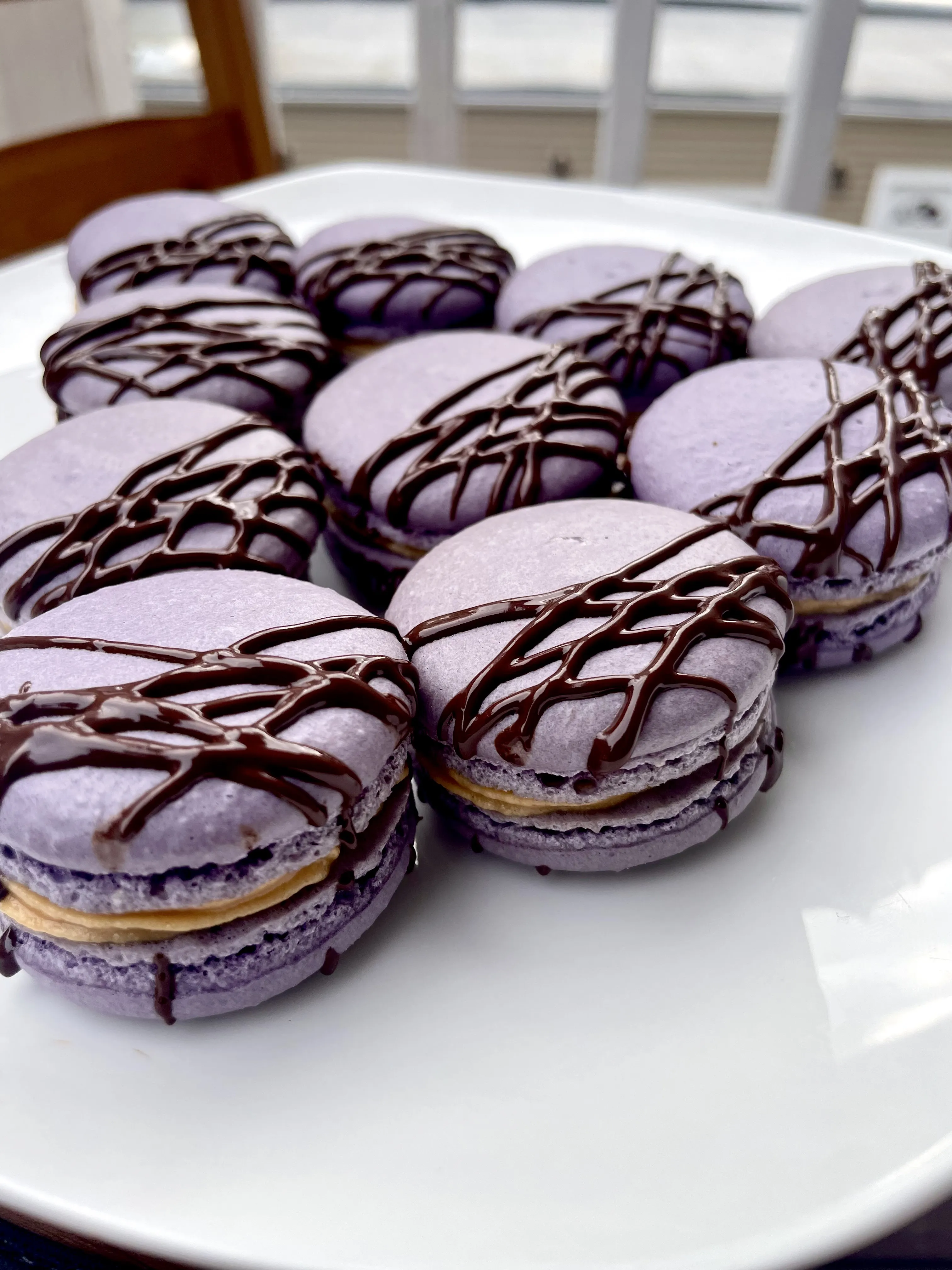 Peanut Butter Macarons with Dark Chocolate Drizzle
