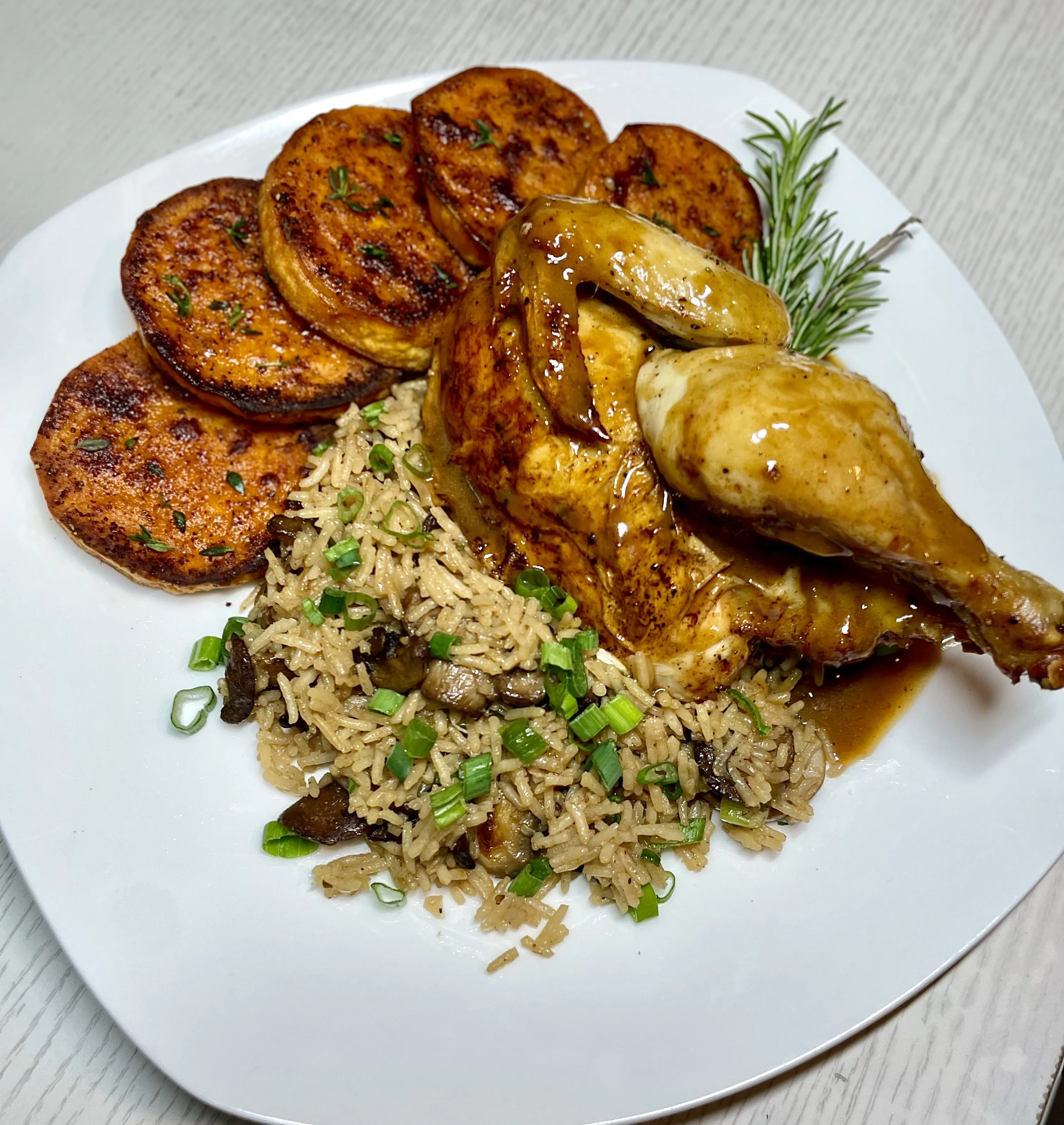 Garlic Cornish Hen, with Wild Mushroom Rice and Sweet Potato Medallions