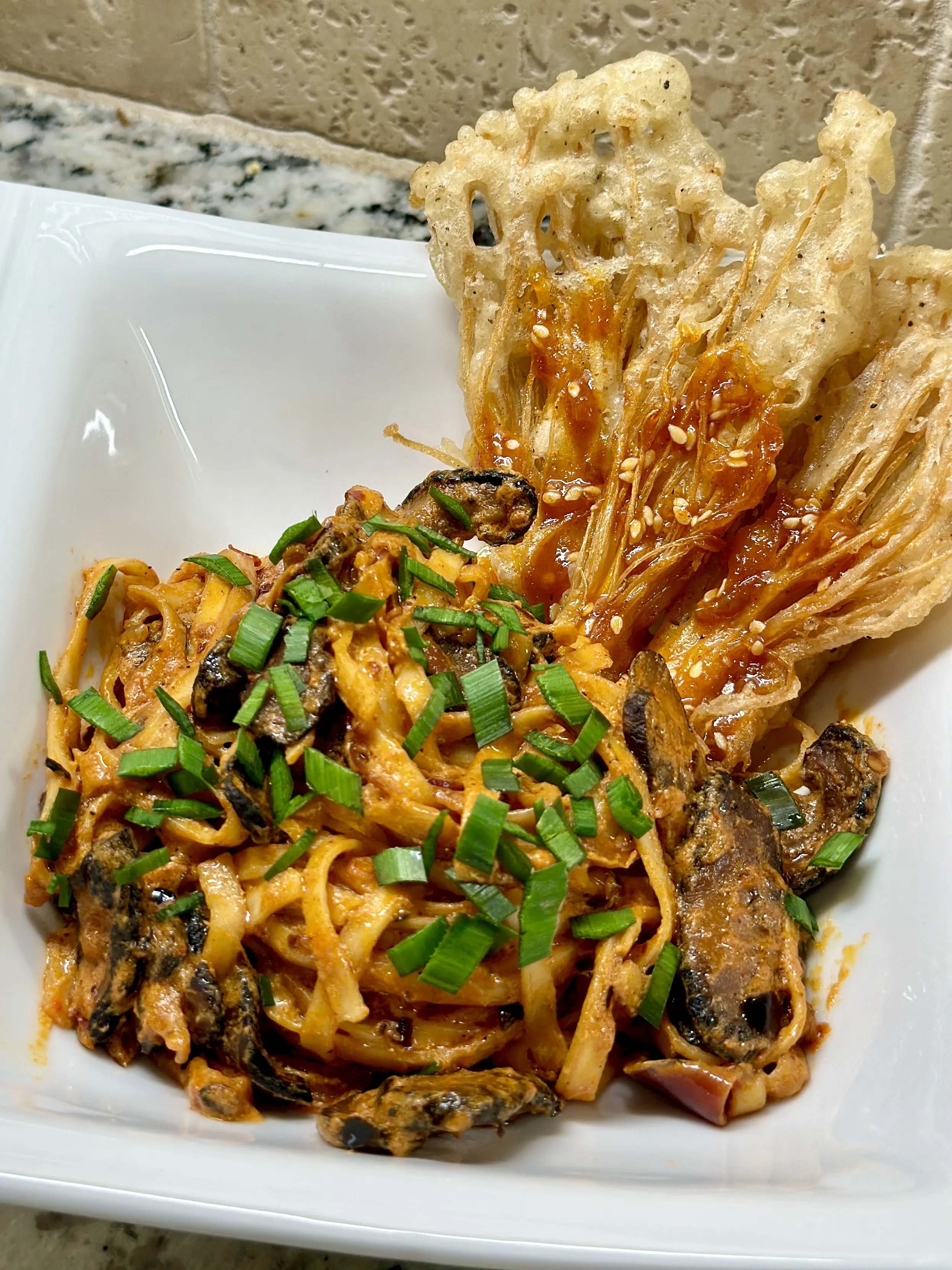 Gochujang Pasta with Fried Enoki Mushroom