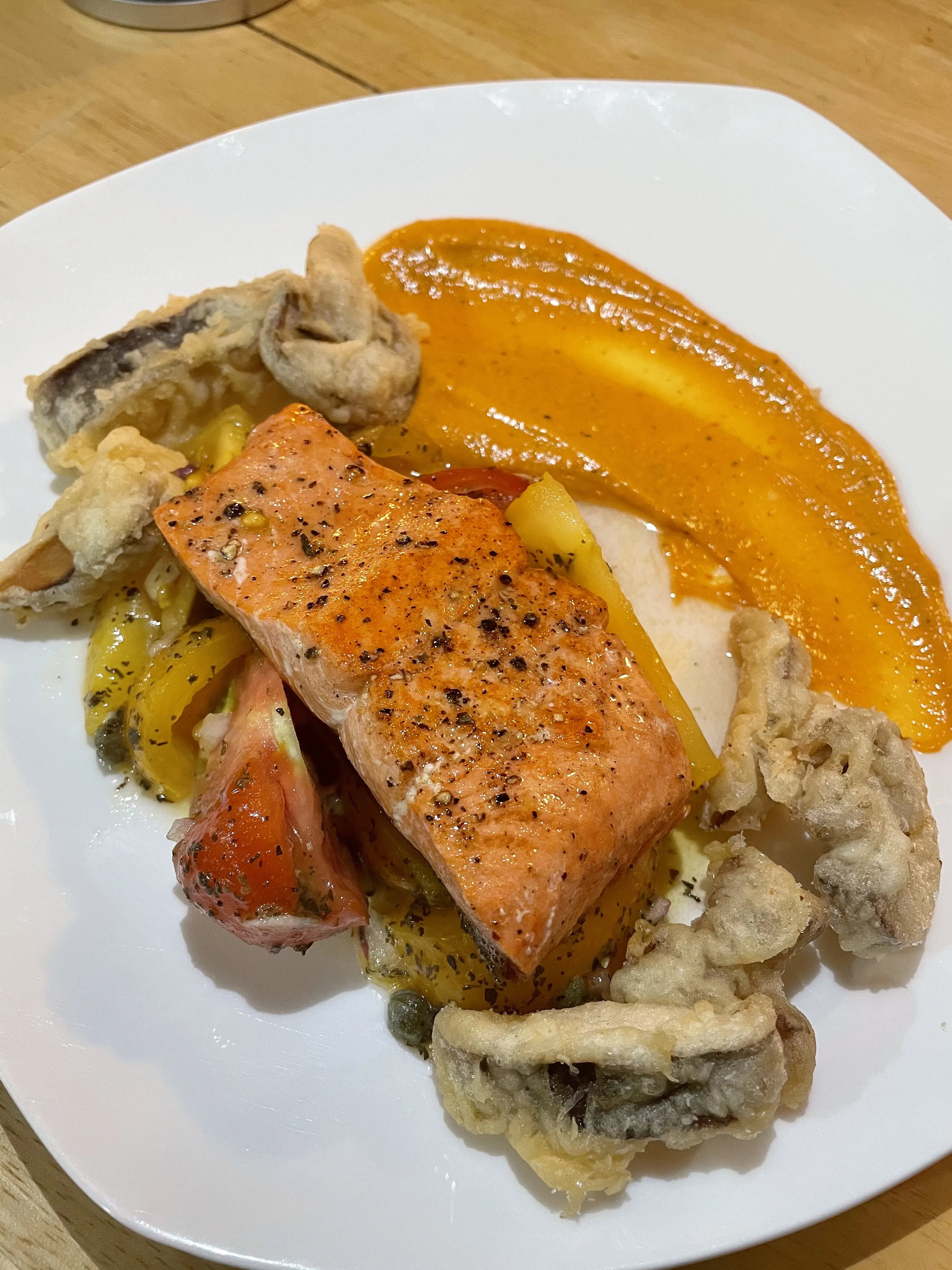Pan Seared Salmon, Fried Shiitake Mushrooms, and Roasted Pepper Rouille